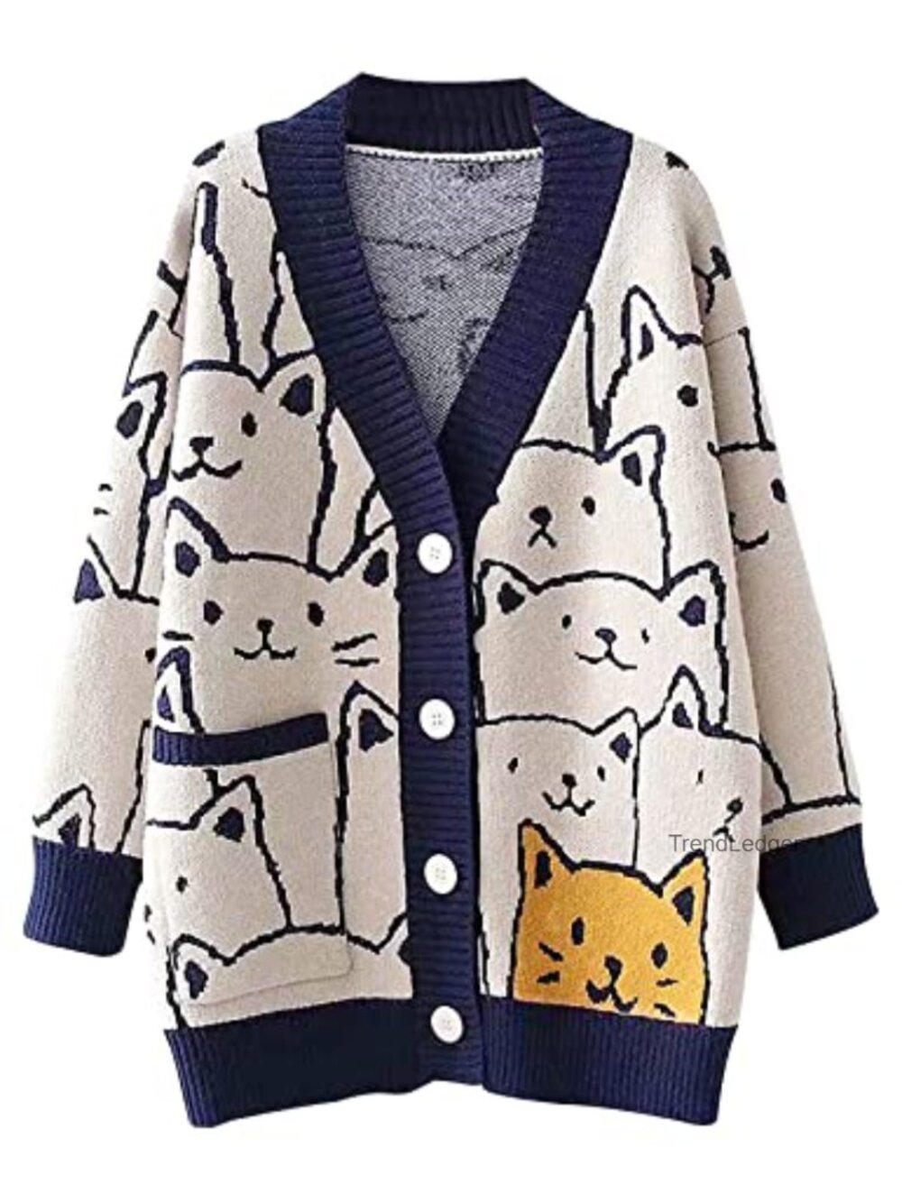 Oversized V-Neck Cat Print Cardigan - Kawaii Cute Knit Sweater for Women